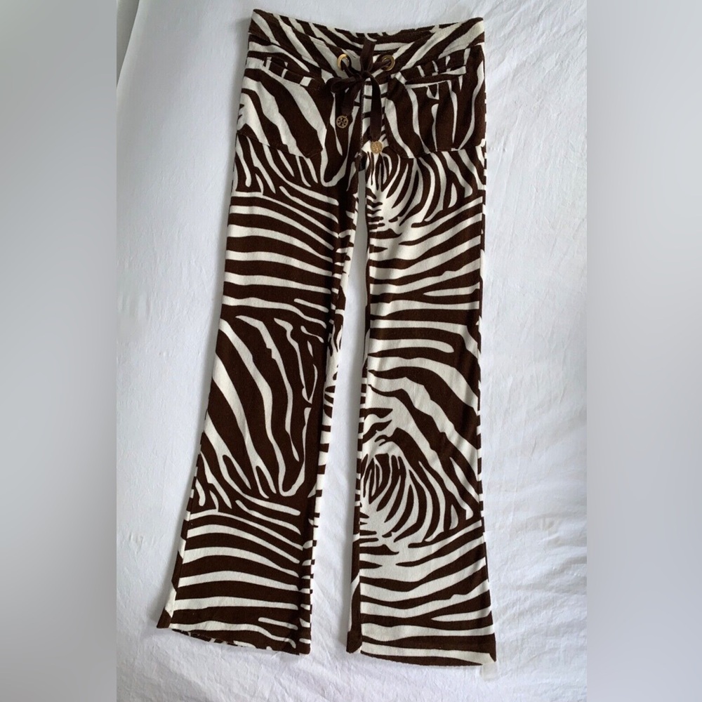 TORY BURCH brown/ivory zebra-print French terry pant.